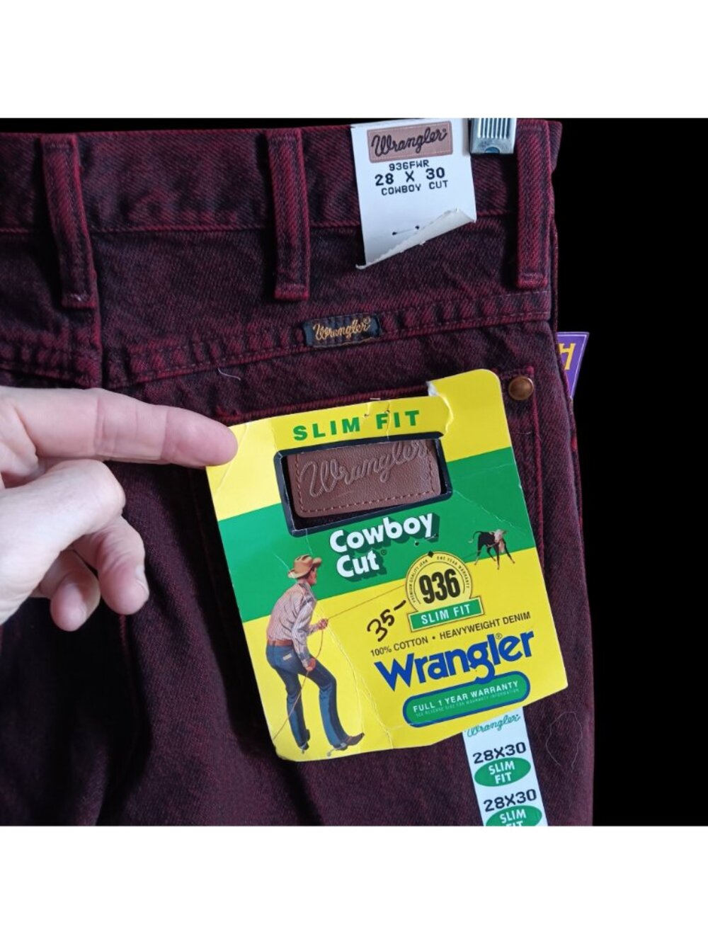 Vintage Slim Fit Cowboy Cut Jeans 28x30 Wrangler Mens Firewash Red Denim 1990s - Picture 6 of 8